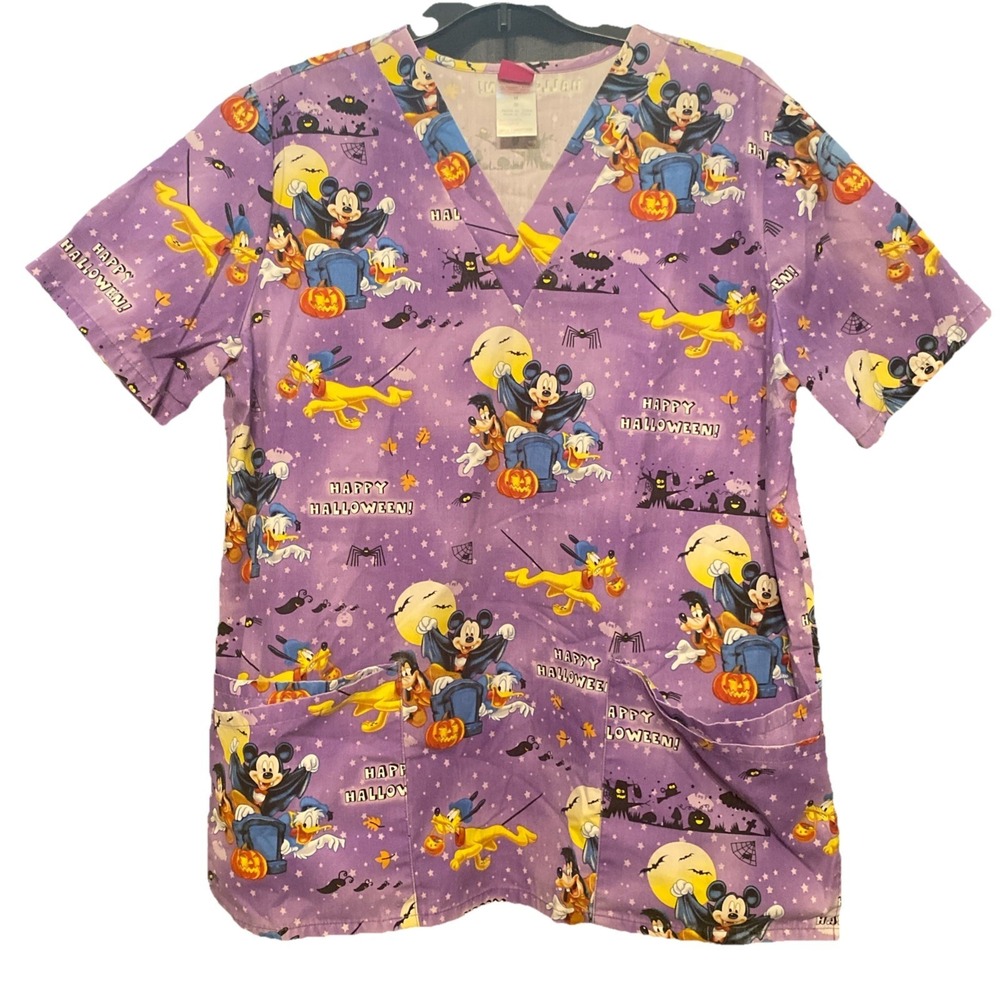 Disney Halloween Scrub Top Women's Size Medium Mickey‎ Mouse and Friends